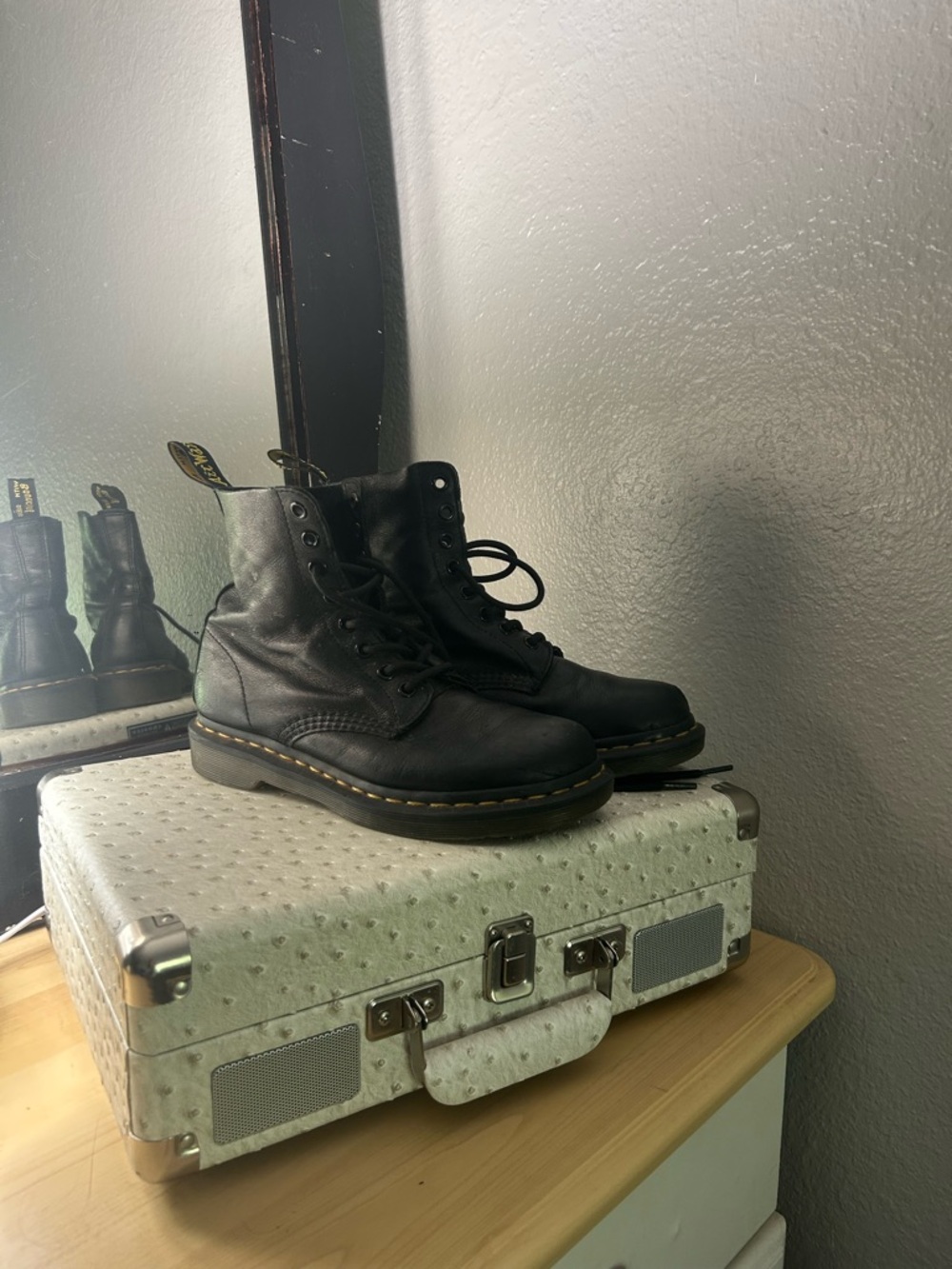 Doc Marten Black Leather Lace-Up Combat Boots with Yellow Stitching